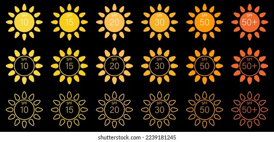 UV protection. Spf Sun Protection Factor Icons. Vector illustration isolated on black background