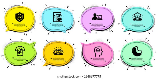 Uv protection, Sports stadium and Recruitment signs. Chat bubbles with quotes. T-shirt design, Online education and Sports arena line icons set. Coffee maker, Cashew nut symbols. Vector