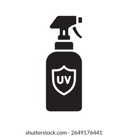 Ícone de spray de proteção UV com um frasco e um símbolo de escudo para aplicar névoa de protetor solar para fácil e eficaz cobertura de protetor solar vetor ícone de glifo sólido