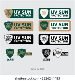 uv protection, uv sun protection, badge icon set, emblem, symbol, sign, button, logo, pictogram, shield, solar protection, protect from sunlight, isolated flat vector, easy to use. 