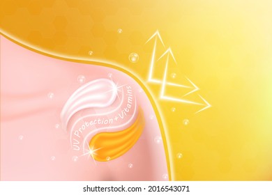 UV Protection sunscreen lotion on young woman's back skin protection. Cream or body lotion Vitamins solution serum. Natural cosmetics smudge lotion for face or body. 3D Realistic Vector EPS10.