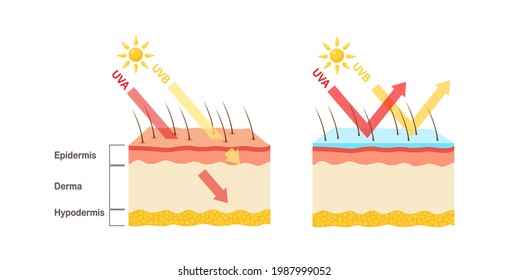 Protección UV. La loción de protección solar protege la piel humana de la radiación UVA, UVB. Ilustración del vector