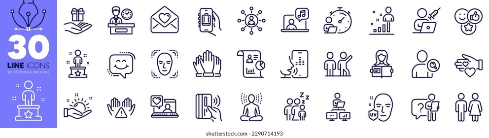 Uv protection, Teamwork and Clean hands line icons pack. Yoga, Restroom, Presentation time web icon. Report, Stats, Loyalty program pictogram. Like, Vote, Find user. Voicemail. Vector