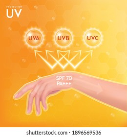 UV protection, ultraviolet comparison, PA+++ and SPF50. Beauty treatment nutrition skin care design. Vector EPS10