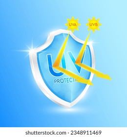 UV protection ultraviolet your skin. Blue shield and glass arrows transparent UVA UVB orange. Reflect light force field prevents of sunlight. Products design cream skin care sunscreen. Icon 3D vector.