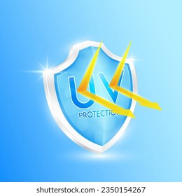 UV protection ultraviolet your skin. Blue shield and clear glass arrows transparent orange reflect light force field prevents of sunlight. Products design cream skin care sunscreen. Icon 3D vector.