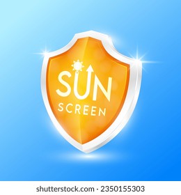 UV protection ultraviolet your skin. Sunscreen shield glass orange. Reflect light force field prevents of sunlight. Products design cream skin care. Icon 3D vector.