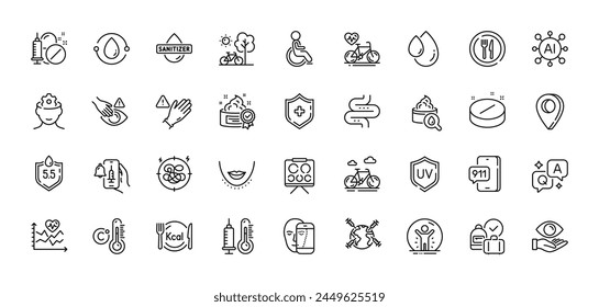 Uv protection, Vaccine announcement and Thermometer line icons pack. AI, Question and Answer, Map pin icons. Ph neutral, Use gloves, Bike web icon. Calories, Oil drop, Medical tablet pictogram. Vector