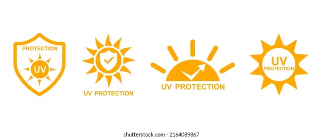 Uv protection vector icons set. Protection from sun radiation and ultraviolet. Shield from sun. UV logo.