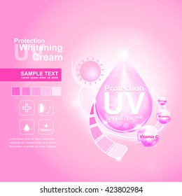 UV Protection and Whitening Pink Background Vector Skin care concept.