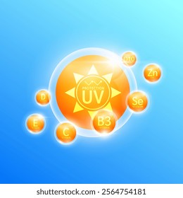 UV protection and yellow sun in ball surrounded by orange vitamins coenzyme Q10 and minerals. Protects against UVA, UVB, sunlight and ultraviolet attacks. For design cosmetic products ads. Vector.