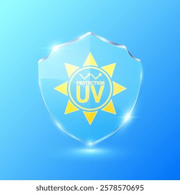 UV protection and yellow sun in glass shield translucent blue. Protects against UVA, UVB, sunlight and ultraviolet attacks. For design cosmetic products ads. Health care concept. Vector.