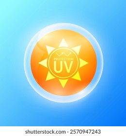 UV protection and yellow sun in orange ball. Protects against UVA, UVB, sunlight and ultraviolet attacks. For design cosmetic products ads. Health care concept. Vector.