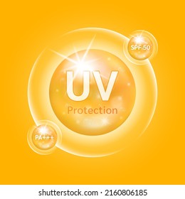 UV protege su piel. Icono de bloqueo solar ultravioleta. Protección solar SPF 50. Diseño de productos cosméticos con blanqueamiento de crema hidratante para el cuidado de la piel. En el fondo naranja. Ilustración del vector