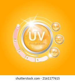 UV protection your skin ultraviolet sunblock. SPF 50 sun protection label aluminum. Cosmetic products design with vitamin E cream whitening for skin care. On a orange background Vector illustration.