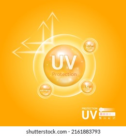 UV protection your skin ultraviolet sunblock. Cosmetic products design with SPF 50 vitamin E cream whitening for skin care. Vector illustration.