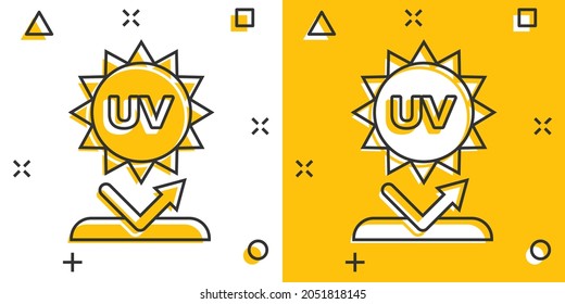 UV radiation icon in comic style. Ultraviolet cartoon vector illustration on white isolated background. Solar protection splash effect business concept.