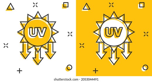UV radiation icon in comic style. Ultraviolet cartoon vector illustration on white isolated background. Solar protection splash effect business concept.