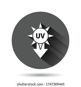 UV radiation icon in flat style. Ultraviolet vector illustration on black round background with long shadow effect. Solar protection circle button business concept.