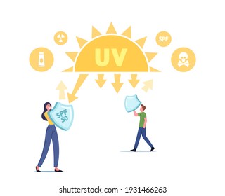 Uv Radiation, Solar Ultraviolet Protection Concept. Characters with Shields Reflect Danger Sunlight Beams. Skin Health Care, Spf Protection, Lotion for Face or Body. Cartoon People Vector Illustration