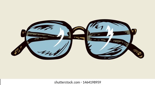 Uv ray polarized tint hip unisex ocular model on light backdrop. Freehand outline dark hand drawn old metal logo pictogram emblem design in art doodle retro style pen on paper text space. Closeup view