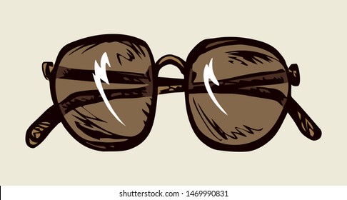 Uv ray polarized tint hip unisex ocular model on light backdrop. Freehand outline dark hand drawn old metal logo pictogram emblem design in art doodle retro style pen on paper text space. Closeup view