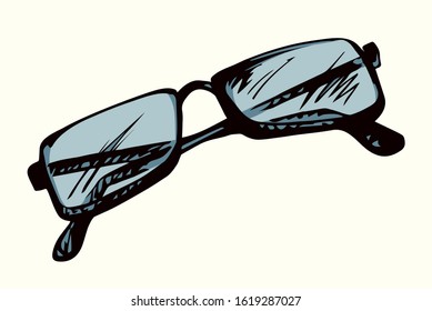 Uv ray polarized tint hip unisex ocular model on light backdrop. Freehand outline dark hand drawn old metal logo pictogram emblem design in art doodle retro style pen on paper text space. Closeup view