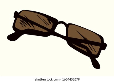 Uv ray polarized tint hip unisex ocular model on light backdrop. Freehand outline dark hand drawn old metal logo pictogram emblem design in art doodle retro style pen on paper text space. Closeup view
