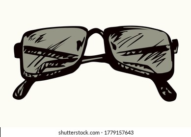 Uv ray polarized tint hip unisex ocular model on light backdrop. Freehand outline dark hand drawn old metal logo pictogram emblem design in art doodle retro style pen on paper text space. Closeup view