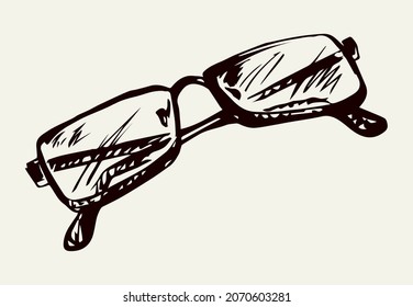 Uv ray polarized tint hip unisex ocular model on light backdrop. Freehand outline dark hand drawn old metal logo pictogram emblem design in art doodle retro style pen on paper text space. Closeup view