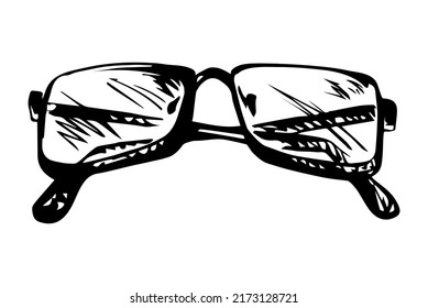 Uv ray polarized tint hip unisex ocular model on light backdrop. Freehand outline dark hand drawn old metal logo pictogram emblem design in art doodle retro style pen on paper text space. Closeup view