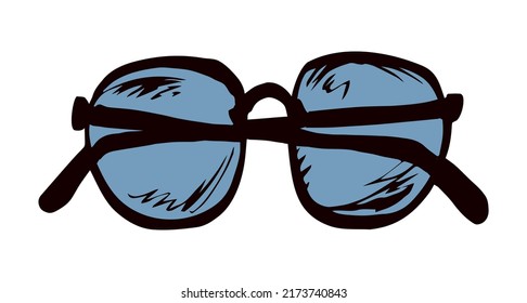 Uv ray polarized tint hip unisex ocular model on light backdrop. Freehand outline dark hand drawn old metal logo pictogram emblem design in art doodle retro style pen on paper text space. Closeup view