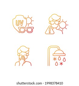 UV rays exposure risk gradient linear vector icons set. Sunglasses to protect eyes from sunlight. Thin line contour symbols bundle. Isolated vector outline illustrations collection