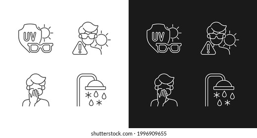 Los iconos lineales de riesgo de exposición de rayos UV se establecen para el modo oscuro y luminoso. Gafas de sol para proteger los ojos de la luz solar. Símbolos de línea delgada personalizables. Ilustraciones aisladas del contorno vectorial. Trazo editable