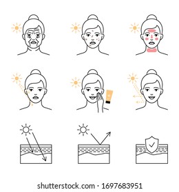 UV Rays Skin Damage And Protection Vector Icons