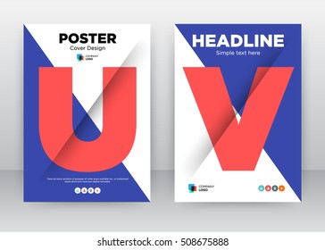 U,V, red ink diagonal triangular geometric shapes big alphabet cover graphic print letter layout in A4 size brochure flyer template design, roll up annual report stock vector, EPS 10, 2017, booklet