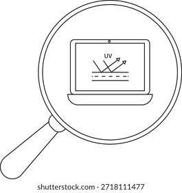 UV-Reflexion auf einem Laptop-Bildschirm durch eine Lupe gesehen