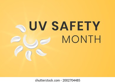 UV safety awareness month. Annual celebration in July. Concept of understanding damaging effects of ultraviolet light exposure for people skin. Vector illustration of banner template.