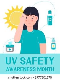 UV Safety Awareness Month Concept Vector. Healthcare, Medical Event Is Celebrated In July. Bottle Of Water And Sunscreen, Ice Are Prevention Of Heat Stroke. First Aid Of Overheating. Sun Burn On Sun.