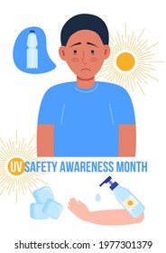 UV Safety Awareness Month Concept Vector. Healthcare, Medical Event Is Celebrated In July. Bottle Of Water And Sunscreen, Ice Are Prevention Of Heat Stroke. First Aid Of Overheating. Sun Burn On Sun.