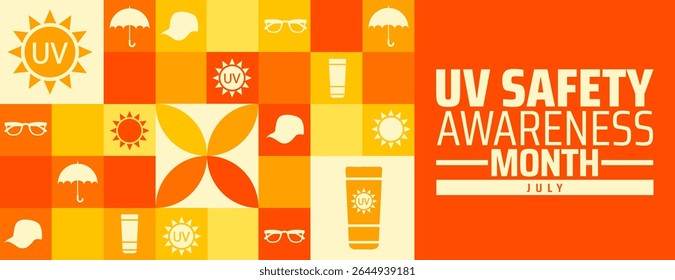 UV Safety Awareness Month Geometric shape pattern background banner or poster design template. observed every year in july. Holiday concept. Use to any Template, card, poster, placard, template.