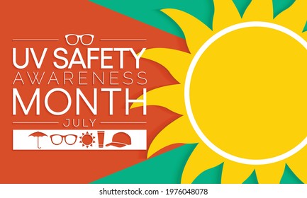 UV safety awareness month is observed every year in July, it is a type of electromagnetic radiation that makes black light posters glow, and is responsible for summer tans and sunburns. Vector art.