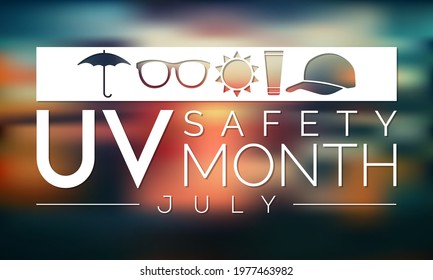 UV safety awareness month is observed every year in July, it is a type of electromagnetic radiation that makes black light posters glow, and is responsible for summer tans and sunburns. Vector art.