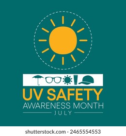 UV safety awareness month is observed every year in July, it is a type of electromagnetic radiation that makes black light posters glow, and is responsible for summer tans and sunburns. Vector art.