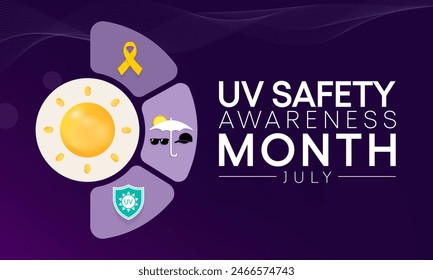 UV safety awareness month is observed every year in July, it is a type of electromagnetic radiation that makes black light posters glow, and is responsible for summer tans and sunburns. Vector art.