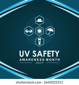 UV safety awareness month is observed every year in July. Best for cards, banners, posters, social media and more. Yellow and green background. Vector illustration.