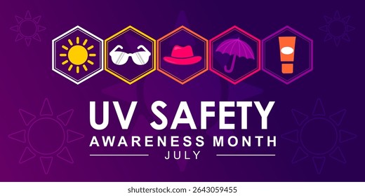 UV safety awareness month is observed every year in July. Best for cards, banners, posters, social media and more. Purple background. Vector illustration.