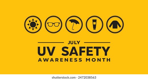 Uv Safety Awareness Month. Sun, glasses, umbrella and more. Great for cards, banners, posters, social media and more. Yellow background. 