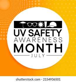 UV safety month is observed every year in July, it is a type of electromagnetic radiation that makes black light posters glow, and is responsible for summer tans and sunburns. Vector illustration