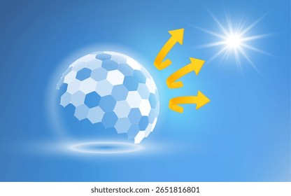 UV shield with hexagon pattern to protect skin and block sun with light barrier and 3D sphere. Transparent dome and UV rays reflect solar energy for safety. Abstract blue background with glow effect.